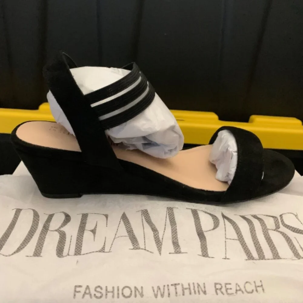 DREAM PAIRS Womens Low Wedge Sandals Slip On Ankle Strap Casual Black Size 8.5M